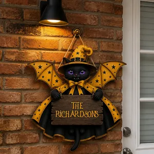 Custom Family Halloween Door Hanger, Personalized Witch Cat Name Sign, Magical Bat Wing Cat Decor, Gothic Halloween Home Decoration