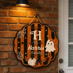 Personalized Halloween Family Door Sign, Custom Last Name Purple Gothic Plaque, Ghost Pumpkin Stripe Decor, Elegant Spooky Home Accent