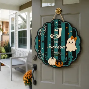 Personalized Halloween Family Door Sign, Custom Last Name Purple Gothic Plaque, Ghost Pumpkin Stripe Decor, Elegant Spooky Home Accent
