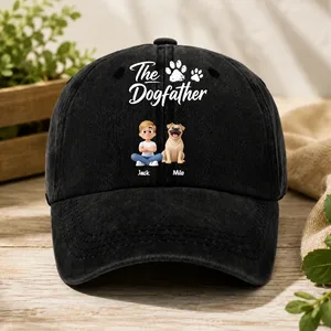 The Dogfather Baseball Cap – washed denim with fun dog dad graphic, casual adjustable fit, perfect gift for dog lovers