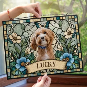 Custom Photo Stained Glass Portrait Dog Cat Family - Personalized Horizontal Stained Glass Suncatcher