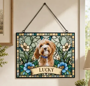 Custom Photo Stained Glass Portrait Dog Cat Family - Personalized Horizontal Stained Glass Suncatcher