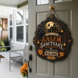 The Hidden Salem Sanctuary Personalized Sign, Custom Family Name & Established Year Plaque, Black Cat Haunted House Halloween Decor