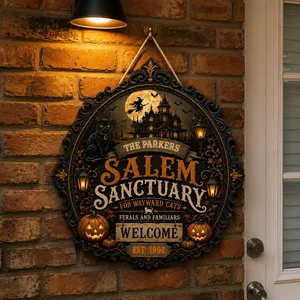 The Hidden Salem Sanctuary Personalized Sign, Custom Family Name & Established Year Plaque, Black Cat Haunted House Halloween Decor
