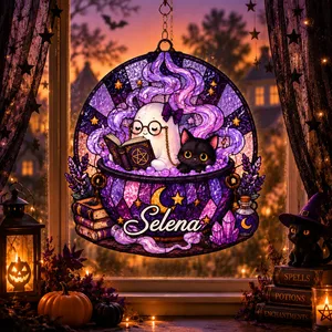 Personalized Ghost Reading Book Suncatcher, Custom Name Stained Glass Window Hanging, Halloween Cat & Cauldron Decor