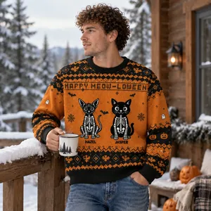 Personalized Black Cat Halloween Sweater - Custom Pet Skeleton Ugly Sweatshirt