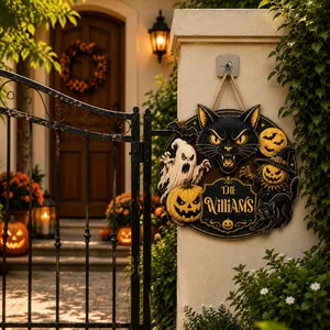 The House Behind The Black Cat Door Personalized Sign, Custom Family Name Halloween Plaque, Haunted Cat Witch Decor, Unique Fall Keepsake