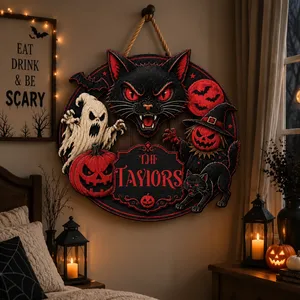 The House Behind The Black Cat Door Personalized Sign, Custom Family Name Halloween Plaque, Haunted Cat Witch Decor, Unique Fall Keepsake