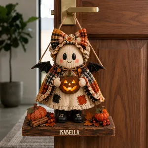 Personalized Halloween Door Sign Custom Text, Cute Bat Doll Front Door Decor, Pumpkin Witchy Hanging Sign, Spooky Fall Home Decoration, Halloween Gift
