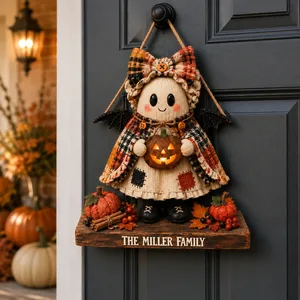 Personalized Halloween Door Sign Custom Text, Cute Bat Doll Front Door Decor, Pumpkin Witchy Hanging Sign, Spooky Fall Home Decoration, Halloween Gift