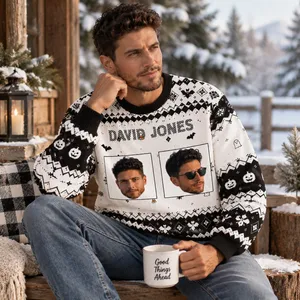 Personalized Face Halloween Sweater - Custom Photo Ugly Sweatshirt with Bats and Pumpkins
