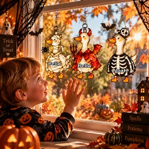 Personalized Halloween Mummy Goose Suncatcher, Custom Name Spooky Stained Glass Window Hanging, Fall Farmhouse Decor