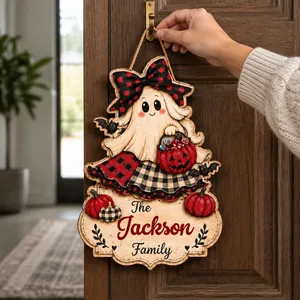 Personalized Family Halloween Gift, Custom Name Ghost Witch Door Sign, Cute Pumpkin Front Door Decor, Unique Fall Home Decoration for Loved Ones