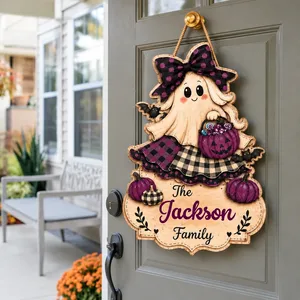 Personalized Family Halloween Gift, Custom Name Ghost Witch Door Sign, Cute Pumpkin Front Door Decor, Unique Fall Home Decoration for Loved Ones