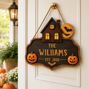 Personalized Halloween Door Sign Custom Family Name & Est Year, Rustic Haunted House Front Door Decor, Pumpkin Gothic Hanging Sign, Unique Fall Home Gift