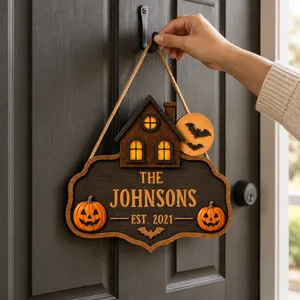Personalized Halloween Door Sign Custom Family Name & Est Year, Rustic Haunted House Front Door Decor, Pumpkin Gothic Hanging Sign, Unique Fall Home Gift