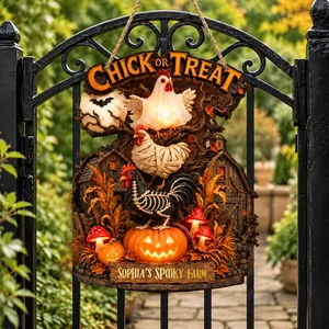 Personalized Halloween Farm Door Sign Custom Name, Spooky Chicken Farm Front Porch Decor, Trick or Treat Rustic Farmhouse Sign, Pumpkin Fall Decoration Gift