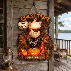 Personalized Halloween Farm Door Sign Custom Name, Spooky Chicken Farm Front Porch Decor, Trick or Treat Rustic Farmhouse Sign, Pumpkin Fall Decoration Gift