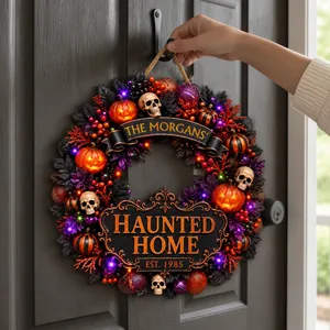 Personalized Halloween Door Sign Custom Family Name & Est Year, Haunted Home Wreath Front Door Decor, Gothic Pumpkin Skull Hanging Sign, Spooky Fall Home Gift
