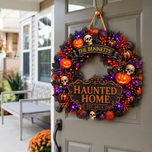 Personalized Halloween Door Sign Custom Family Name & Est Year, Haunted Home Wreath Front Door Decor, Gothic Pumpkin Skull Hanging Sign, Spooky Fall Home Gift