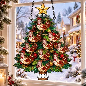 Personalized Friend Group Chicken Christmas Tree Suncatcher, Custom Faces & Names Stained Glass Window Hanging, Funny Xmas Gift for Friends & Couples