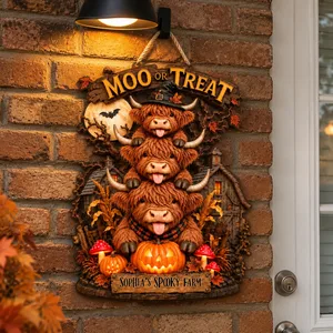 Custom Halloween Farm Sign Personalized Name, Highland Cow Moo or Treat Door Decor, Haunted Barn Pumpkin Hanging Sign, Country Home Halloween Gift