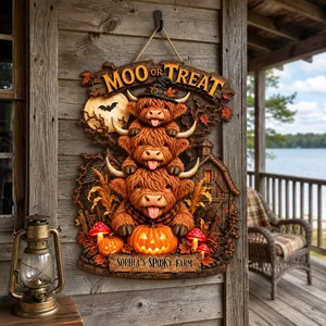 Custom Halloween Farm Sign Personalized Name, Highland Cow Moo or Treat Door Decor, Haunted Barn Pumpkin Hanging Sign, Country Home Halloween Gift