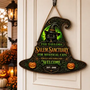 Personalized Gothic Halloween Door Sign Custom Family Name Est Year, Black Cat Witch Hat Decor, Salem Sanctuary Wall Hanging, Luxury Spooky Home Decoration