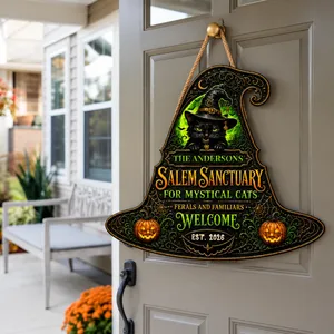 Personalized Gothic Halloween Door Sign Custom Family Name Est Year, Black Cat Witch Hat Decor, Salem Sanctuary Wall Hanging, Luxury Spooky Home Decoration