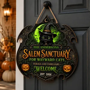 Personalized Halloween Gift for Cat Lovers, Custom Family Name & Est Year Witch Cat Door Sign, Salem Sanctuary Gothic Home Decor, Spooky Front Door Gift