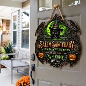 Personalized Halloween Gift for Cat Lovers, Custom Family Name & Est Year Witch Cat Door Sign, Salem Sanctuary Gothic Home Decor, Spooky Front Door Gift