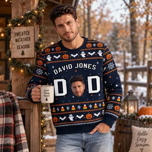 Pumpkin Bat Ghost Holiday Sweater Spooky - Personalized Custom Face Photo and Name Halloween Ugly Sweatshirt