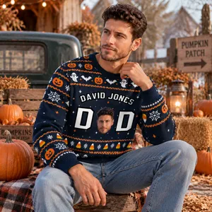 Pumpkin Bat Ghost Holiday Sweater Spooky - Personalized Custom Face Photo and Name Halloween Ugly Sweatshirt