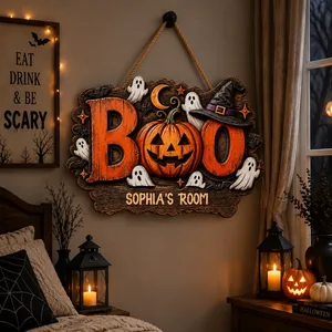 A Little Boo Lives Here Personalized Halloween Sign, Custom Family Name Door Decor, Pumpkin Ghost Hanging Sign, Spooky Season Home Decoration