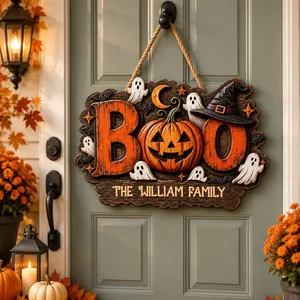 A Little Boo Lives Here Personalized Halloween Sign, Custom Family Name Door Decor, Pumpkin Ghost Hanging Sign, Spooky Season Home Decoration