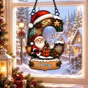 Personalized Alphabet Santa Christmas Ornament, Custom Letter Name Suncatcher, Faux Stained Glass Holiday Window Hanging Gift