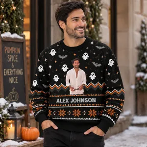 Personalized Halloween Ugly Sweatshirt Custom Portrait Photo and Name - Ghost Bat Pumpkin Spooky Holiday Sweater Gift