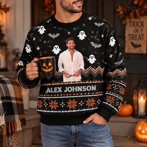 Personalized Halloween Ugly Sweatshirt Custom Portrait Photo and Name - Ghost Bat Pumpkin Spooky Holiday Sweater Gift