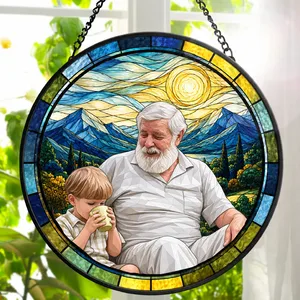 Custom Photo Stained Glass Dad Grandpa Papa Family - Personalized Stained Glass Window Hanging Suncatcher