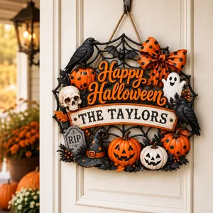 Personalized Halloween Door Sign Custom Family Name, Haunted Pumpkin Wreath Front Door Decor, Spooky Ghost Raven Hanging Sign, Gothic Fall Home Gift