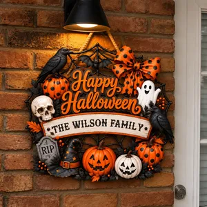 Personalized Halloween Door Sign Custom Family Name, Haunted Pumpkin Wreath Front Door Decor, Spooky Ghost Raven Hanging Sign, Gothic Fall Home Gift