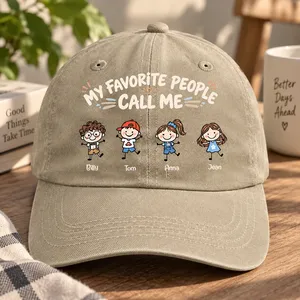 My Favorite People Call Me Papa Kid Stick Figures - Personalized Vintage Washed Denim Cap