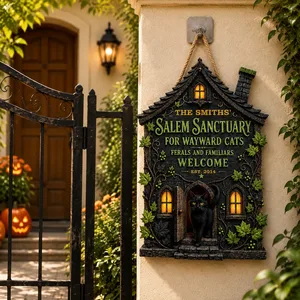 Personalized Halloween Door Sign Custom Family Name & Est Year, Salem Cat Sanctuary Haunted House Decor, Black Cat Gothic Front Door Hanging Sign, Witch Gift