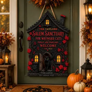 Personalized Halloween Door Sign Custom Family Name & Est Year, Salem Cat Sanctuary Haunted House Decor, Black Cat Gothic Front Door Hanging Sign, Witch Gift