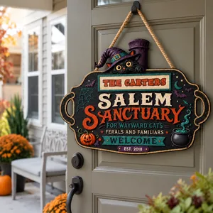 Personalized Salem Sanctuary Door Sign Custom Family Name & Est Year, Black Cat Witch House Halloween Decor, Gothic Front Door Hanging Sign