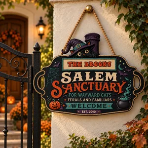 Personalized Salem Sanctuary Door Sign Custom Family Name & Est Year, Black Cat Witch House Halloween Decor, Gothic Front Door Hanging Sign