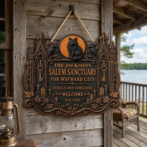 Custom Family Name Halloween Door Sign with Est Year - Salem Cat Sanctuary Decor, Gothic Black Cat Door Hanging Sign, Halloween Gift