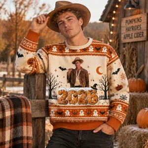2026 Pumpkin Ghost Bat Spooky Sweater - Personalized Photo Portrait Halloween Ugly Sweatshirt