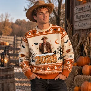 2026 Pumpkin Ghost Bat Spooky Sweater - Personalized Photo Portrait Halloween Ugly Sweatshirt