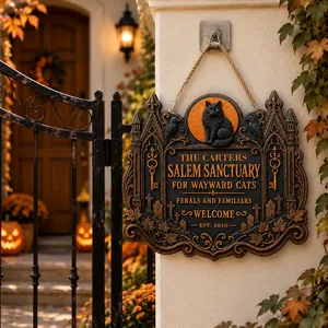 Custom Family Name Halloween Door Sign with Est Year - Salem Cat Sanctuary Decor, Gothic Black Cat Door Hanging Sign, Halloween Gift